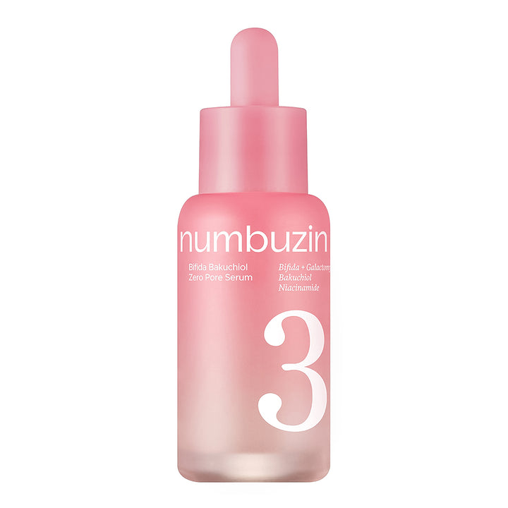 A pink dropper bottle of numbuzin Zero Poly Serum with a large white number 3 on the front, set against a plain white background.