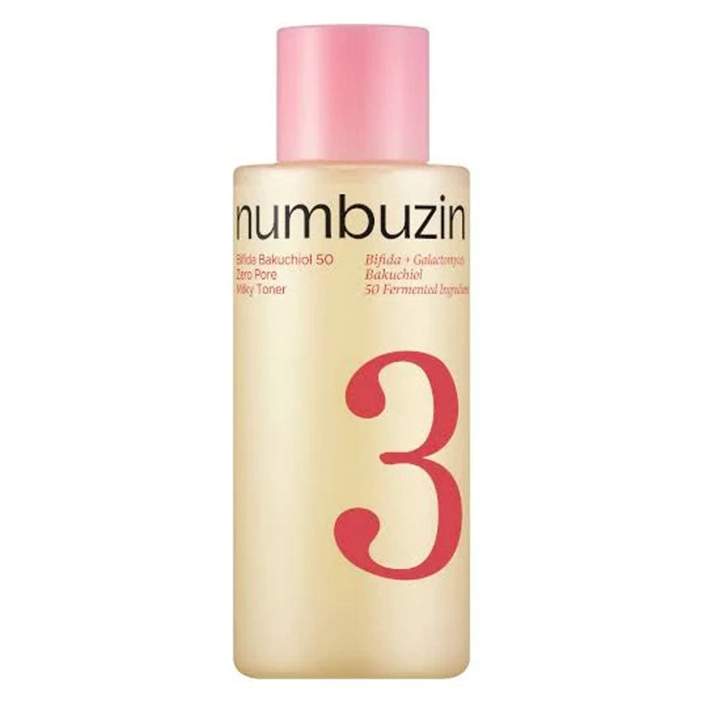 A bottle of numbuzin Step 3 Deep Pore Hydrating Toner with a pale pink cap and a frosted beige body, featuring a large red number 3 on the front.