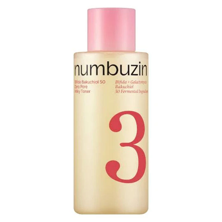A bottle of numbuzin Step 3 Deep Pore Hydrating Toner with a pale pink cap and a frosted beige body, featuring a large red number 3 on the front.