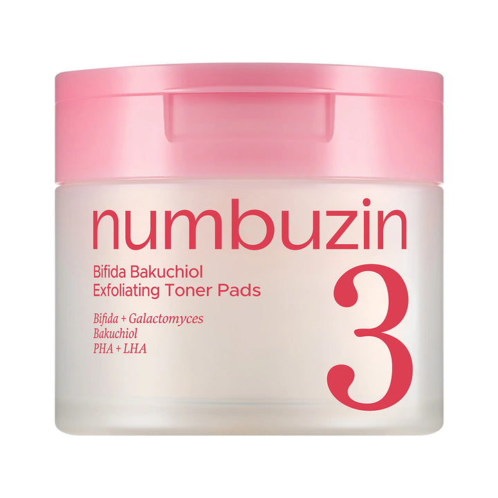 A jar of numbuzin Bifida Bakuchiol Exfoliating Toner Pads, featuring a translucent frosted white body and a pastel pink lid, with pink text and a large pink number 3 on the front.