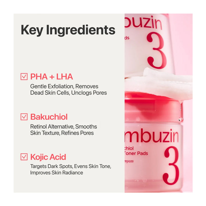 Promotional graphic for Bmbuzin Key Ingredients, featuring a split layout with text on the left and a close-up of pink skincare toner pads on the right. The text highlights PHA + LHA, Bakuchiol, and Kojic Acid ingredients.