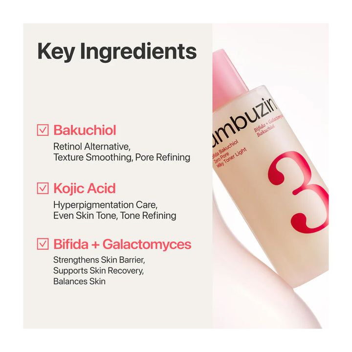 Beauty brand key ingredients graphic featuring a bottle of Umbuzin 3 Daily Light Foundation with a pink cap, alongside text listing Bakuchiol, Kojic Acid, and Bifida + Galactomyces.