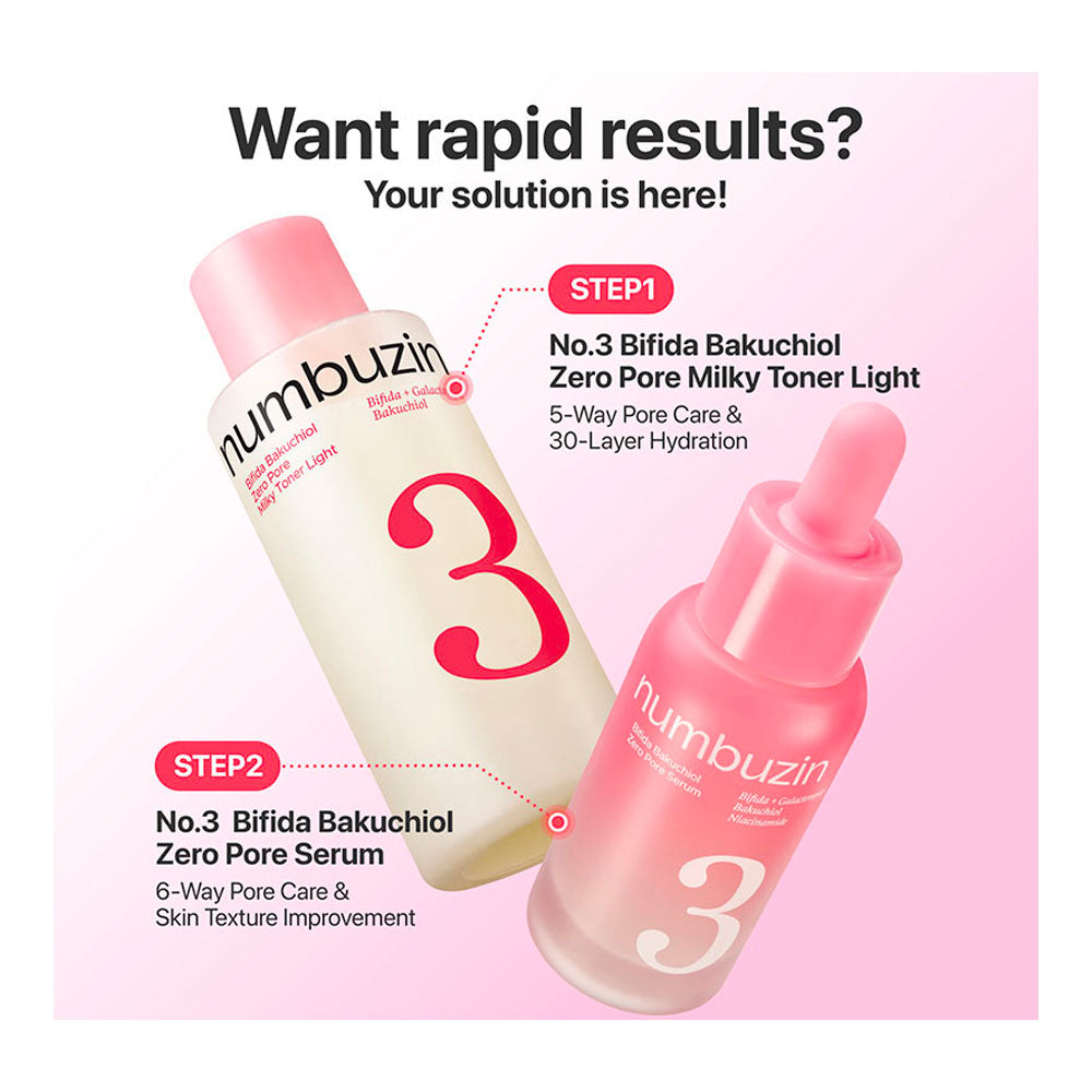 Two pink and white skincare bottles from the brand numbuzin on a light pink background with promotional text. One bottle is labeled STEP1 and is off-white with pink and red details, and the other bottle is labeled STEP2 and is pink with a pink dropper top.
