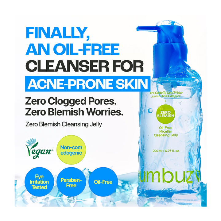 numbuzin Zero Blemish oil-free cleansing jelly for acne-prone skin, shown in a clear bottle with a blue pump dispenser against a white background with promotional text and icons.