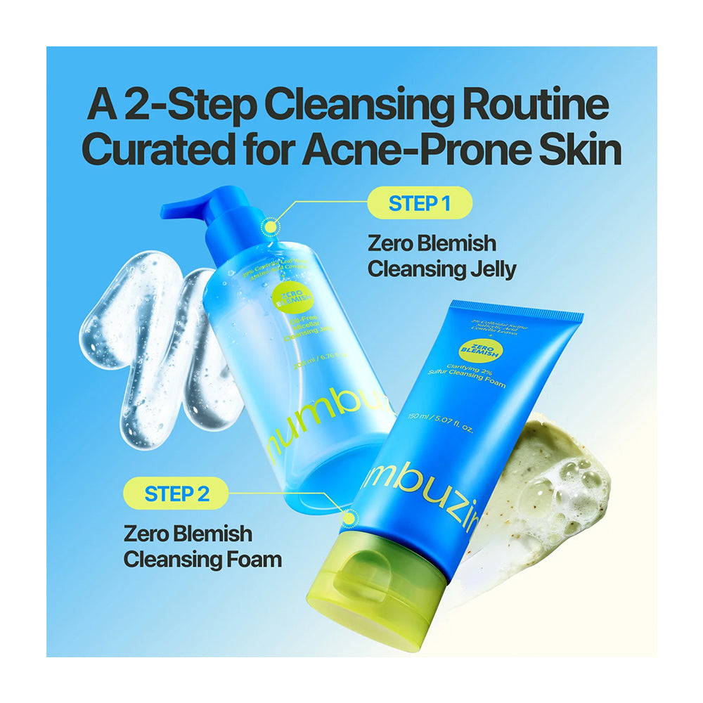 Promotional graphic for a 2-step cleansing routine for acne-prone skin, showing a blue pump bottle labeled &