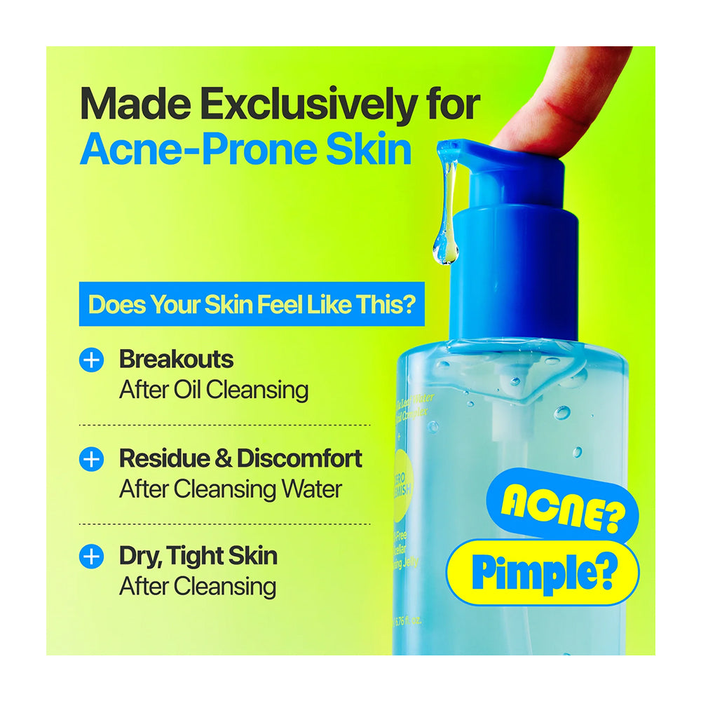 A skincare product bottle with a blue pump dispenser on a bright lime-green background. Text reads &