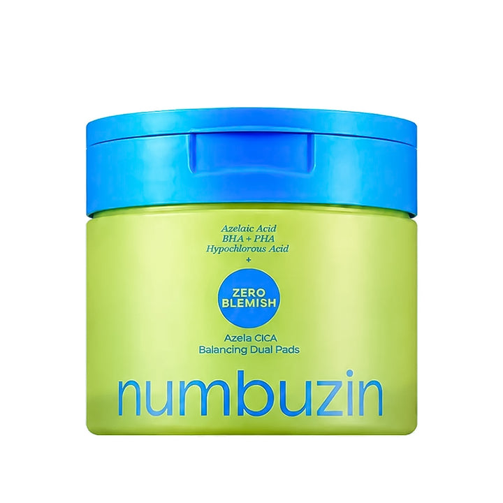 A jar of numbuzin Zero Blemish Azela Cica Balancing Dual Pads on a plain white background. The product container is lime green with a bright blue lid, featuring the brand name &