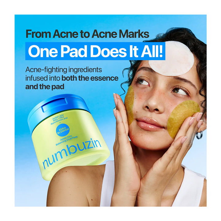 Numbuzin acne pad jar shown next to a woman with a white acne pad on her forehead and yellow patches on her cheeks, set against a bright blue background with promotional text.