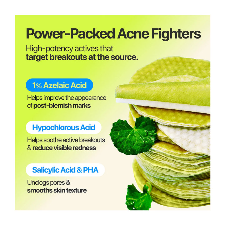 Promotional graphic for acne-fighting skincare with text about active ingredients including 1% azelaic acid, hypochlorous acid, and salicylic acid, alongside a stack of green cleansing pads and green leaves on a pale yellow background.