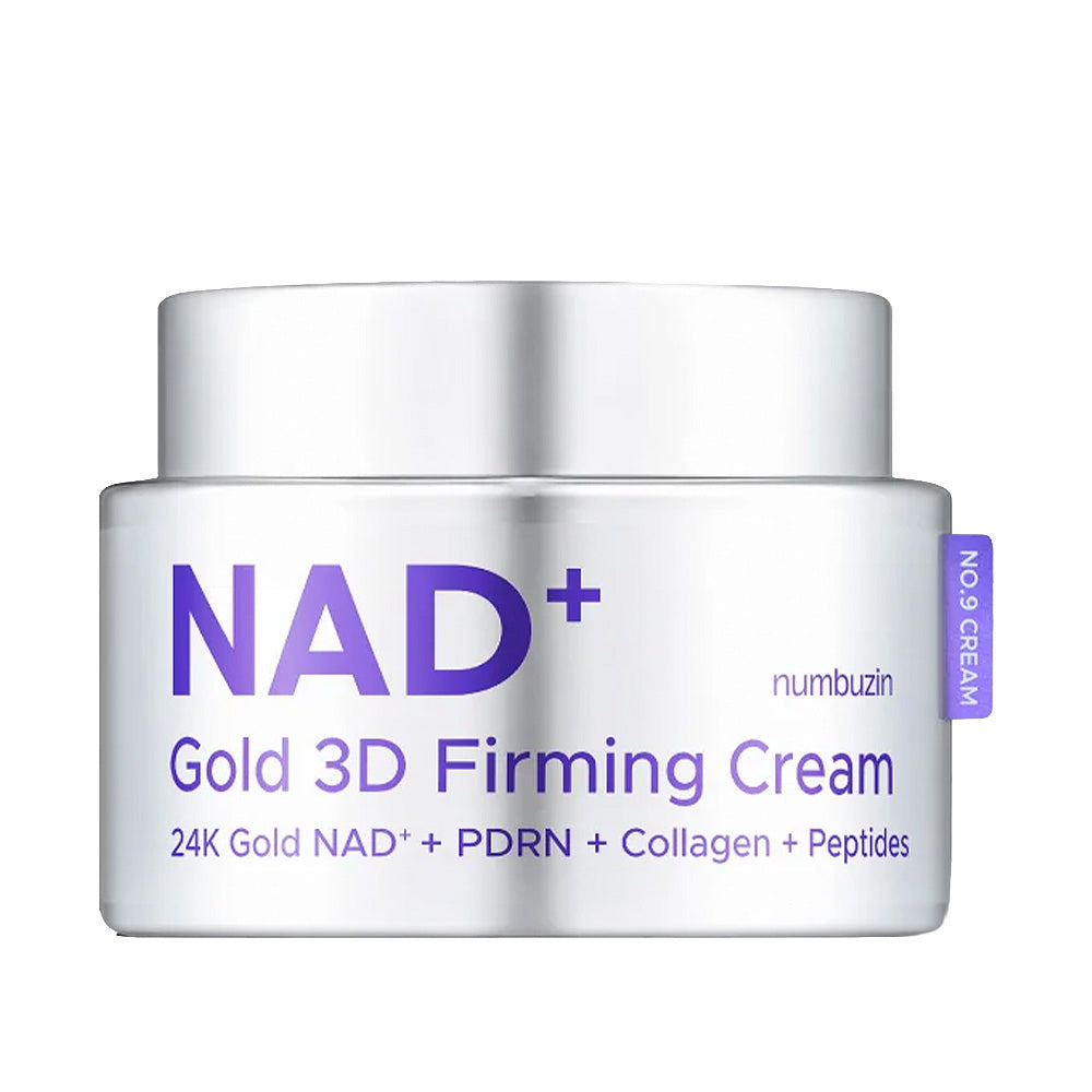 NAD+ Gold 3D Firming Cream by numbuzin in a silver jar with purple text, shown on a plain white background.