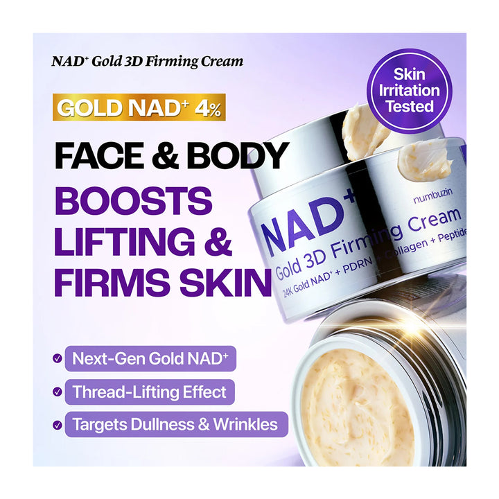 NAD+ Gold 3D Firming Cream advertisement showing two open silver jars of the cream with visible beige product inside, alongside large promotional text on a light lavender background.
