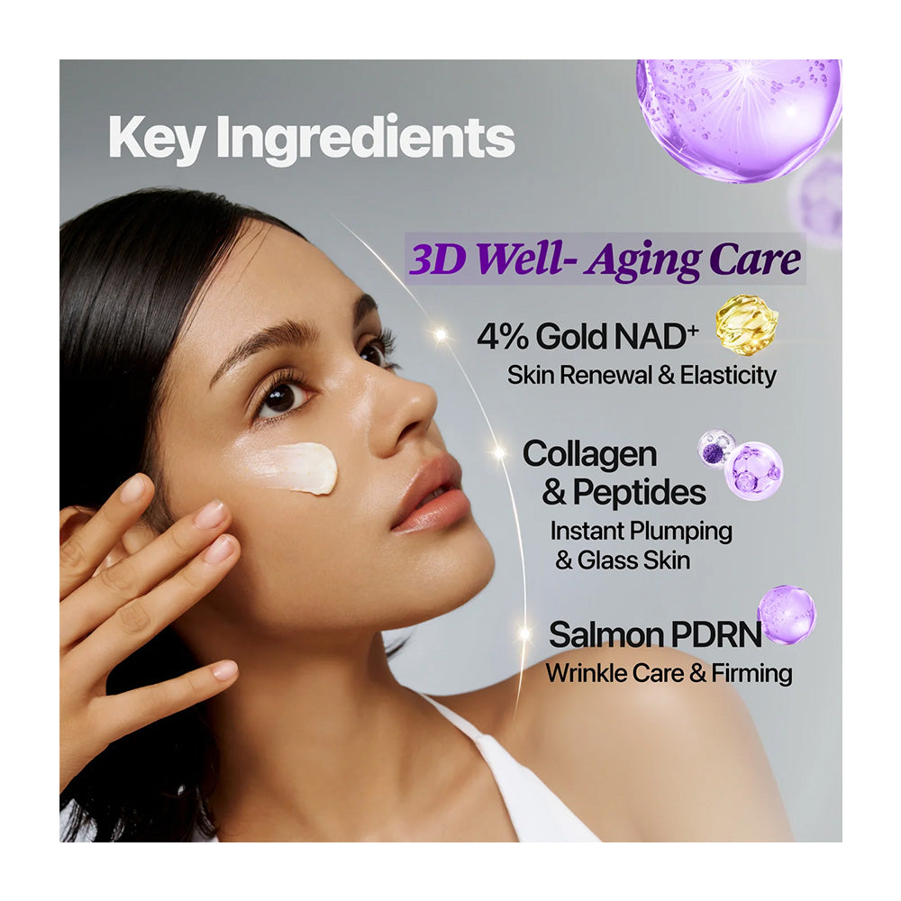 A promotional skincare graphic with a woman touching her cheek while applying cream, alongside text listing key ingredients: 4% Gold NAD+ for skin renewal and elasticity, collagen and peptides for plumping and glass skin, and salmon PDRN for wrinkles and firming. Purple droplet graphics appear on a gray background.
