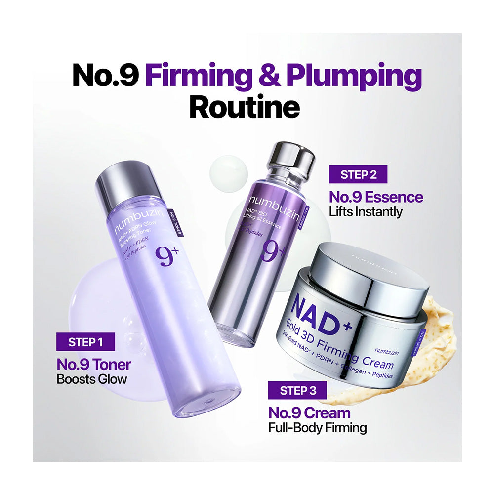 A skincare routine graphic showing three products labeled No.9 Toner, No.