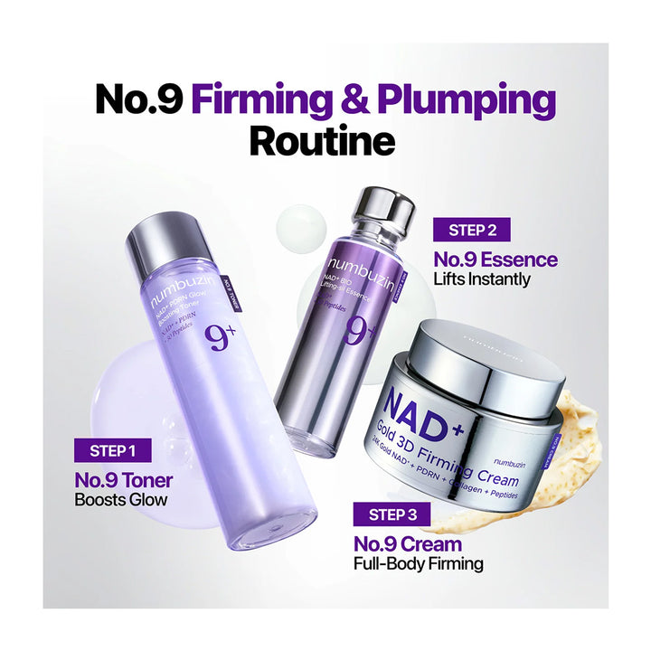 A skincare routine graphic showing three products labeled No.9 Toner, No.
