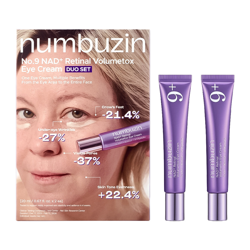 Numbuzin No.9 NAD+ Retinal Volumetox Eye Cream Duo Set, featuring the product box on the left and two purple squeeze tubes on the right, set against a plain white background.