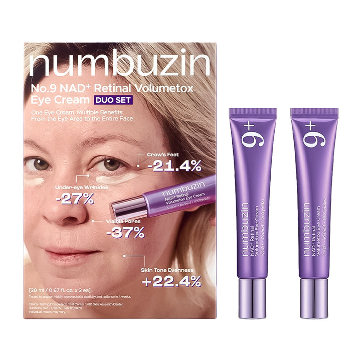 Numbuzin No.9 NAD+ Retinal Volumetox Eye Cream Duo Set, featuring the product box on the left and two purple squeeze tubes on the right, set against a plain white background.
