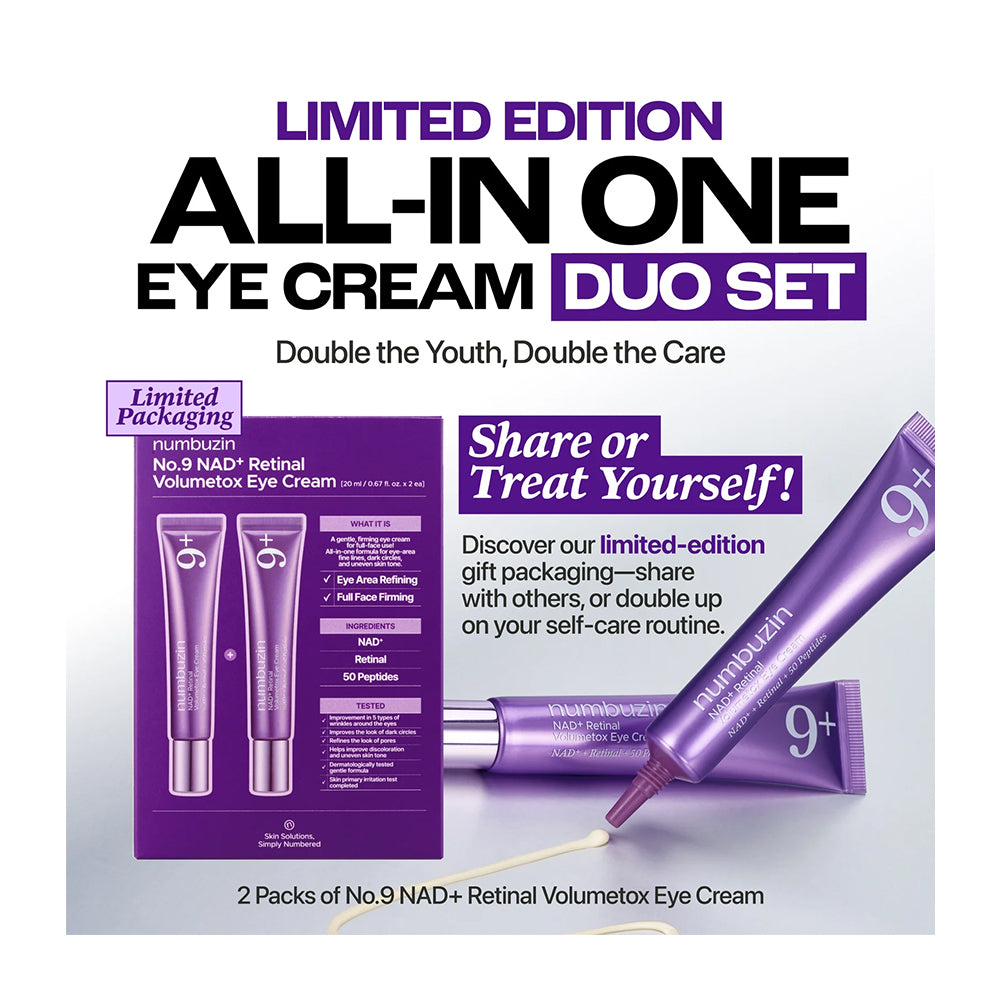 Promotional graphic for a limited edition eye cream duo set featuring two purple tubes of No.9 NAD+ Retinal Volumetox Eye Cream, a matching purple gift packaging box, and a tube with cream being dispensed, set against a white background with prominent purple and black text.