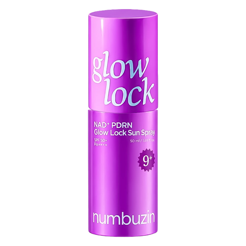 A purple cylindrical bottle of numbuzin Glow Lock Sun Spray, featuring a matching purple cap, on a solid white background.