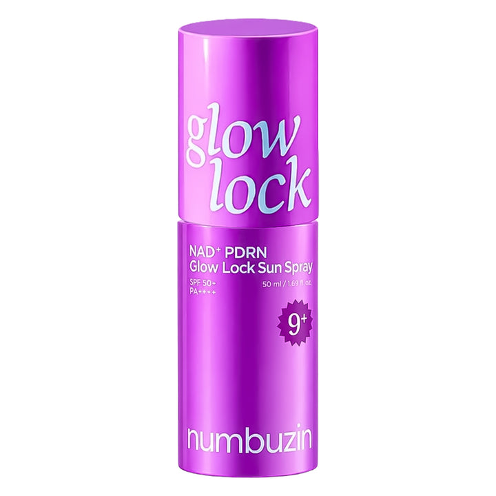 A purple cylindrical bottle of numbuzin Glow Lock Sun Spray, featuring a matching purple cap, on a solid white background.