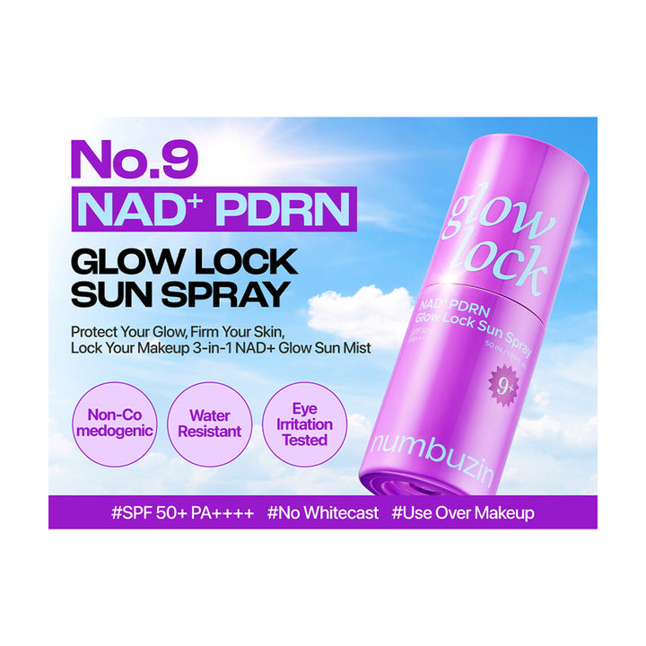 Numbuzin No.9 NAD+ PDRN Glow Lock Sun Spray in a vibrant purple tube, set against a bright blue sky background with white clouds.