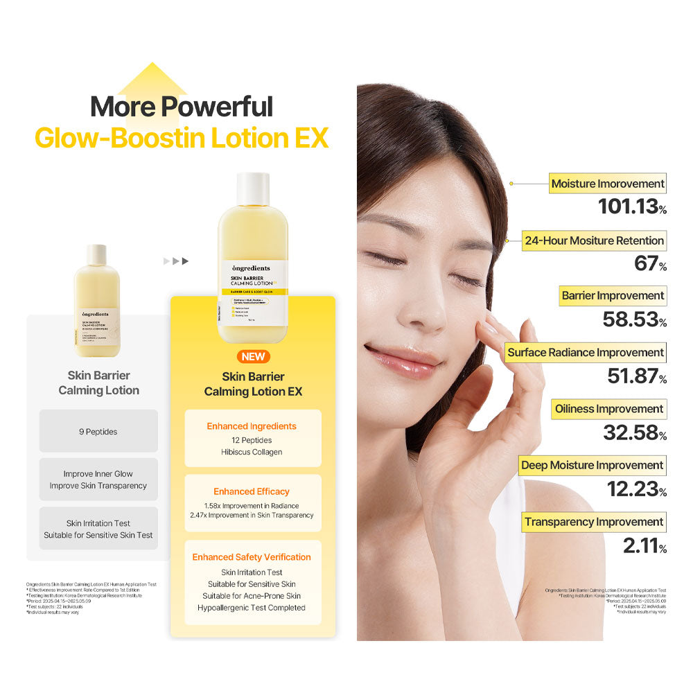 Advertisement for Skin Barrier Calming Lotion EX with product packaging and benefits listed.