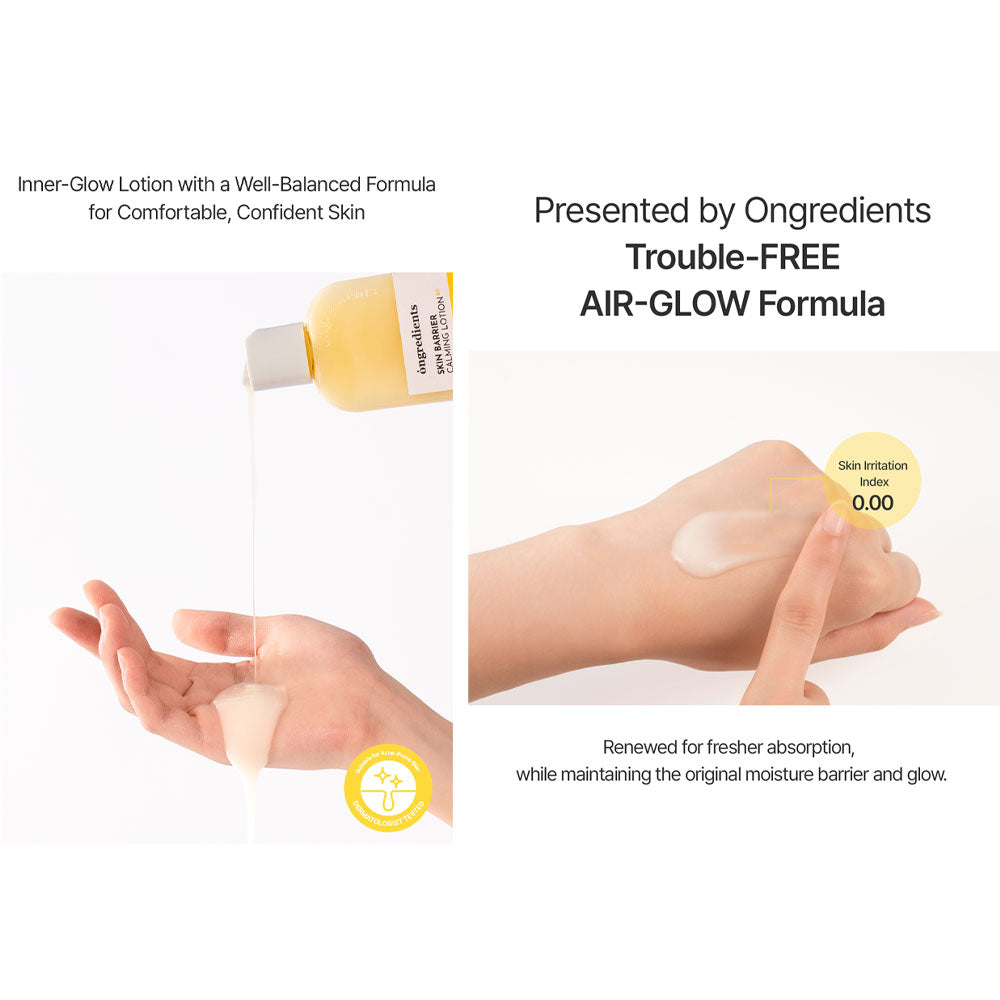 Lotion bottle with a hand applying lotion and text about the AIR-GLOW Formula.