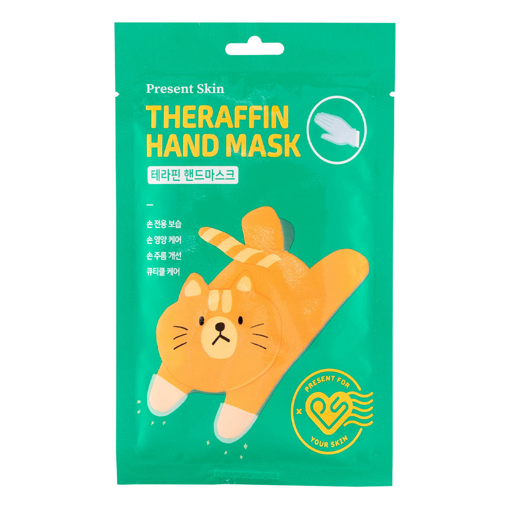 Hand mask packaging with a cartoon cat design on a green background