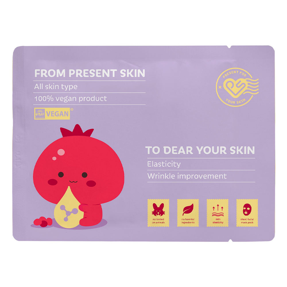 A lavender purple skincare packet from From Present Skin, featuring a cute red pomegranate cartoon character holding a yellow mask. The packaging highlights benefits for elasticity and wrinkle improvement, with text reading &