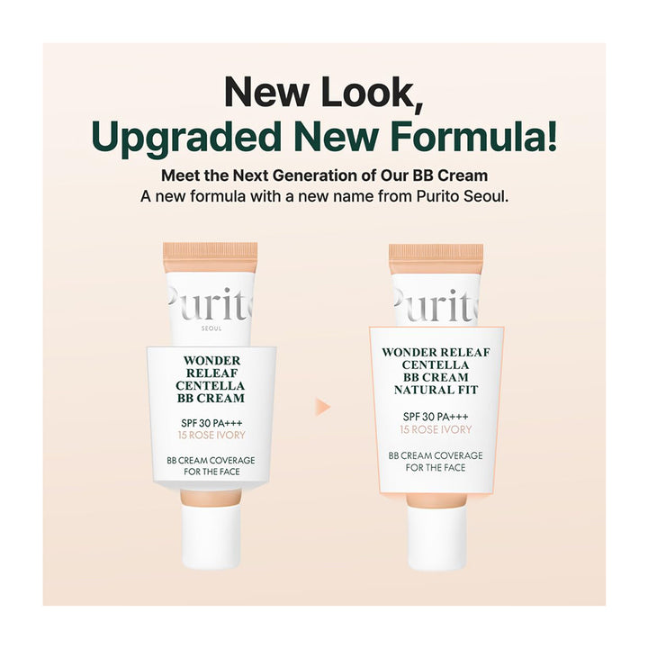 Promotional graphic for Purito Wonder Releaf Centella BB Cream showing two squeeze tubes side by side on a pale peach background with headline text reading &