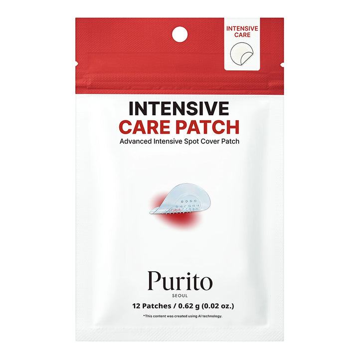 Purito Intensive Care Patch package, featuring a white and red resealable pouch with a graphic of a transparent spot cover patch on a white background.
