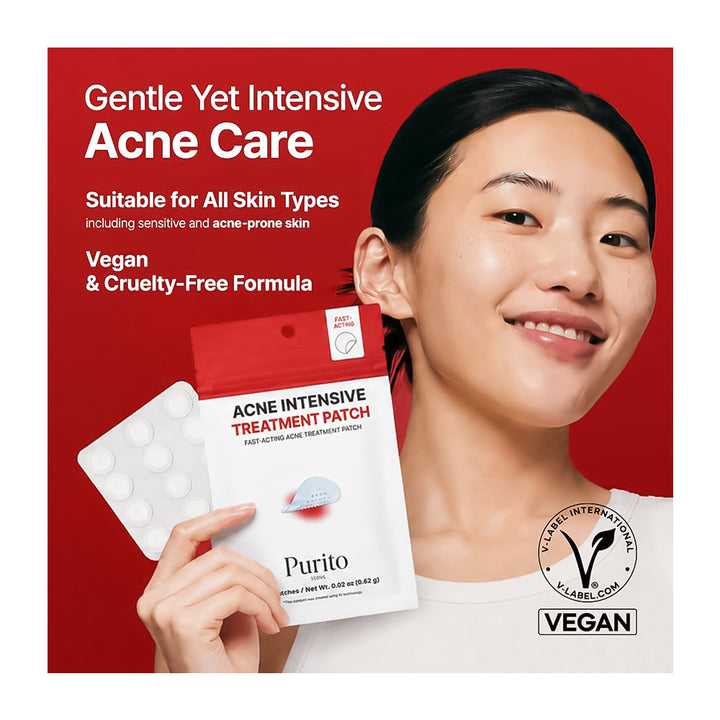 A woman holding a package of Purito Acne Intensive Treatment Patches against a red background with product text and badges.