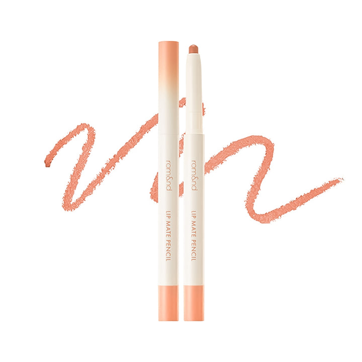 Two lip matte pencils with a peach-to-white gradient design, shown upright with a coral-pink textured swatch behind them on a white background.