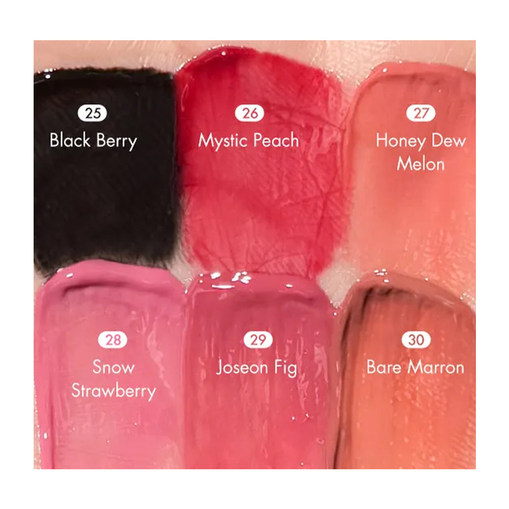 Six lip gloss or lipstick swatches arranged in a 2x3 grid on skin, labeled 25 Black Berry, 26 Mystic Peach, 27 Honey Dew Melon, 28 Snow Strawberry, 29 Joseon Fig, and 30 Bare Marron with shade names underneath.