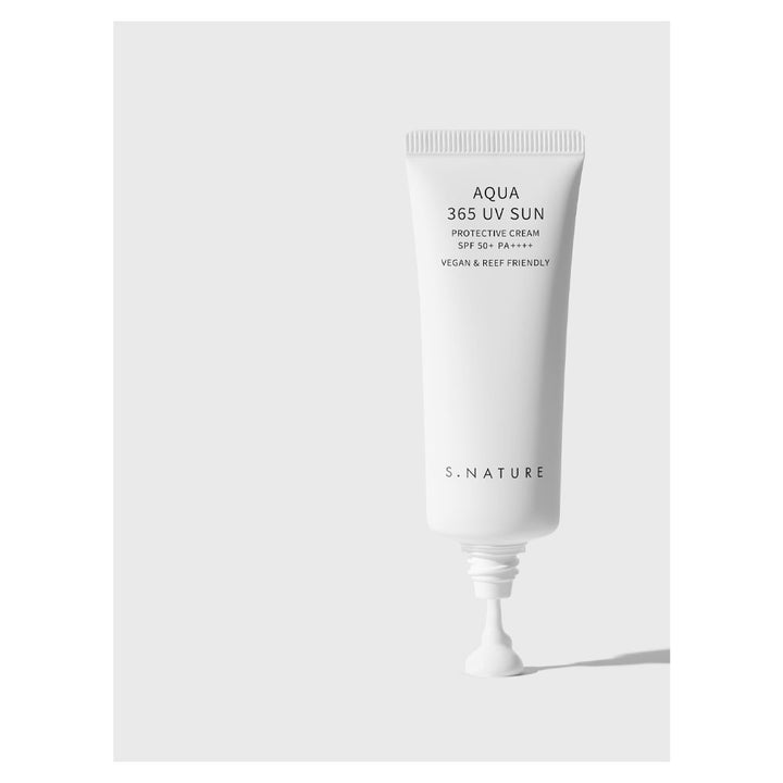 A white squeeze tube of S. NATURE Aqua 365 UV Sun Protective Cream SPF 50+ PA++++ on a light gray background.