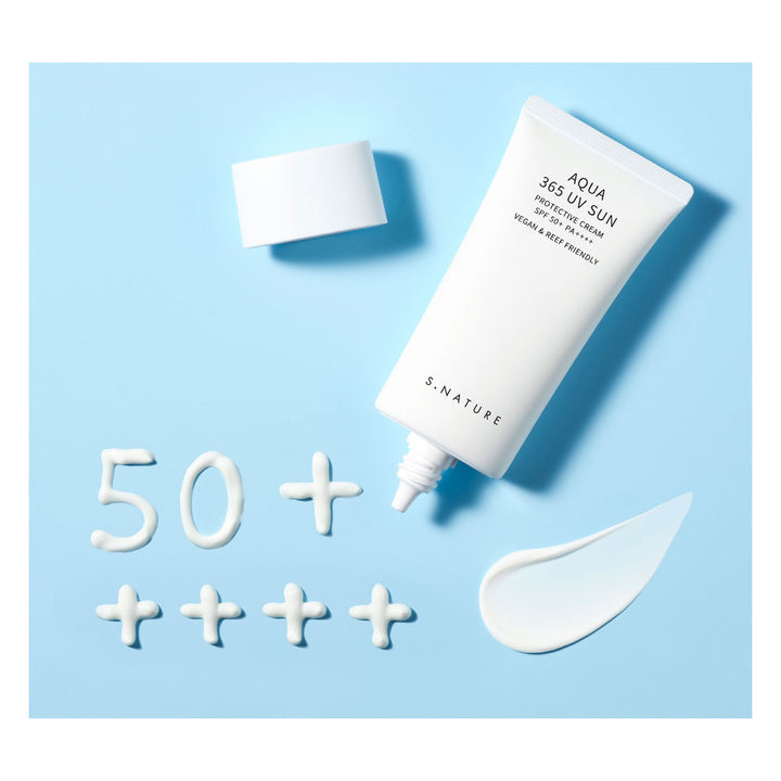 S. Nature Aqua 365 Sun Protection Factor 50+ Protein Power Cream SPF 30 tube in white, shown with its cap off on a light blue background, alongside white cream piped into the shape of &