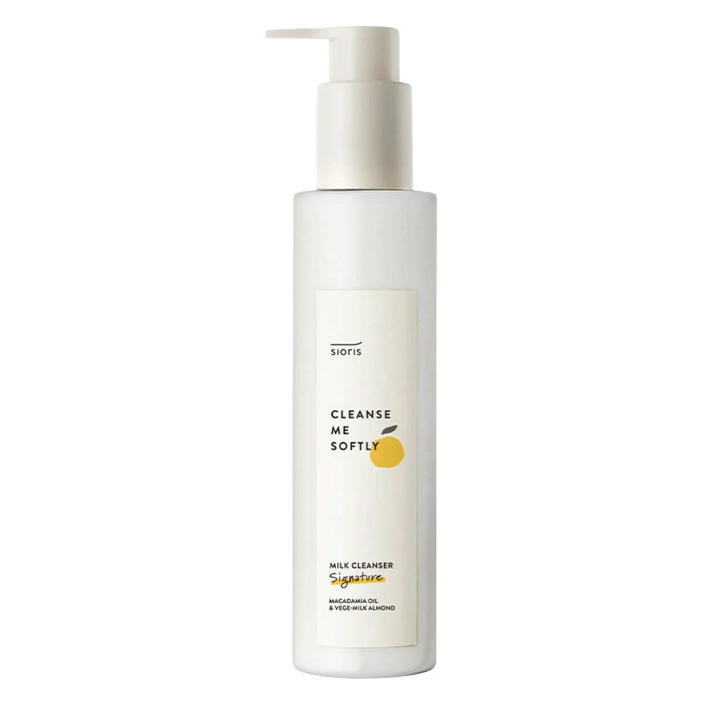A tall white bottle of Siofs Cleanse Me Softly milk cleanser with a pump dispenser, featuring a minimalist label with a small yellow citrus graphic, on a solid white background.