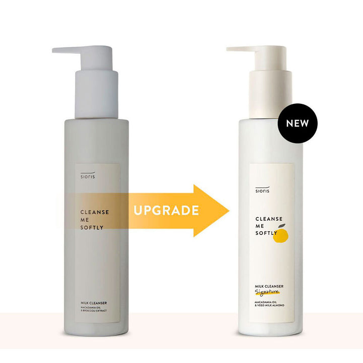 Two 3075 SOTSIS Cleanse Me Softly pump bottles shown side by side on a white background, with an orange arrow between them reading UPGRADE and a black circular badge on the right bottle reading NEW.
