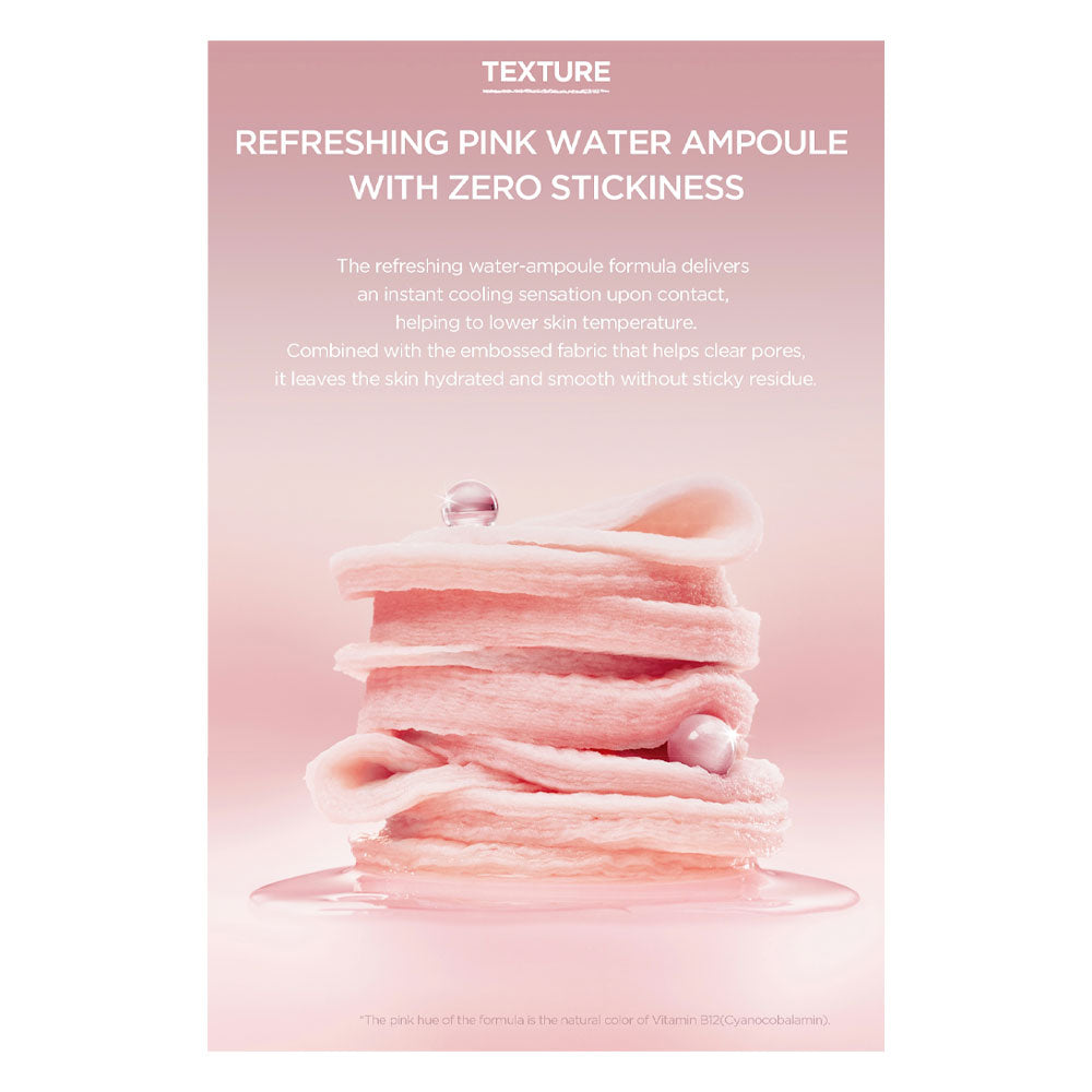 Product packaging with pink water ampoules and descriptive text on a white background
