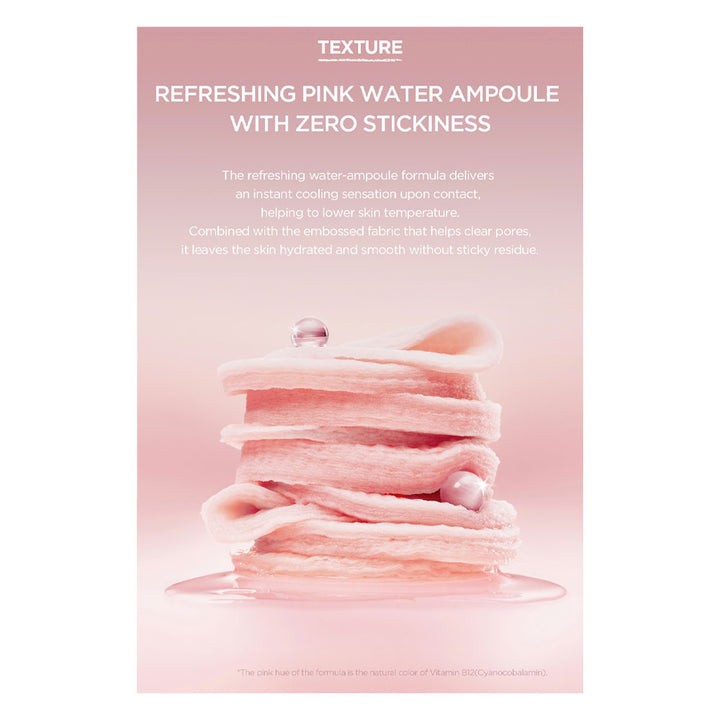 Product packaging with pink water ampoules and descriptive text on a white background