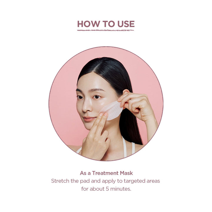 Woman applying a facial mask with text on how to use it as a treatment mask.