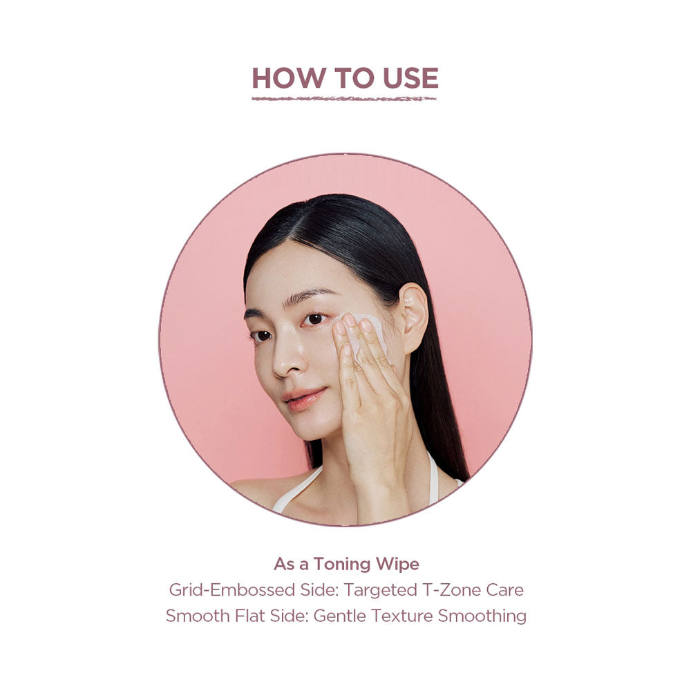 Instructions on how to use a toning wipe with a person applying it to their face.