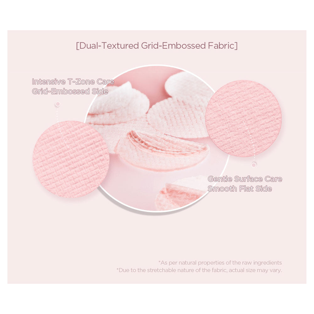 Pink grid-embossed fabric with text on a light pink background
