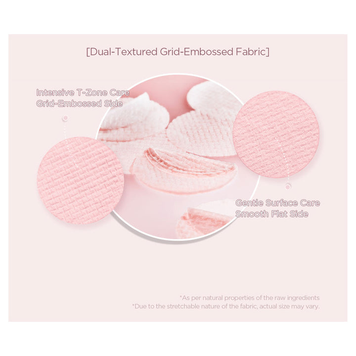 Pink grid-embossed fabric with text on a light pink background
