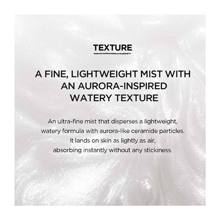 A square informational graphic with a white, slightly glossy textured background and black text describing a lightweight mist formula. The text reads: &