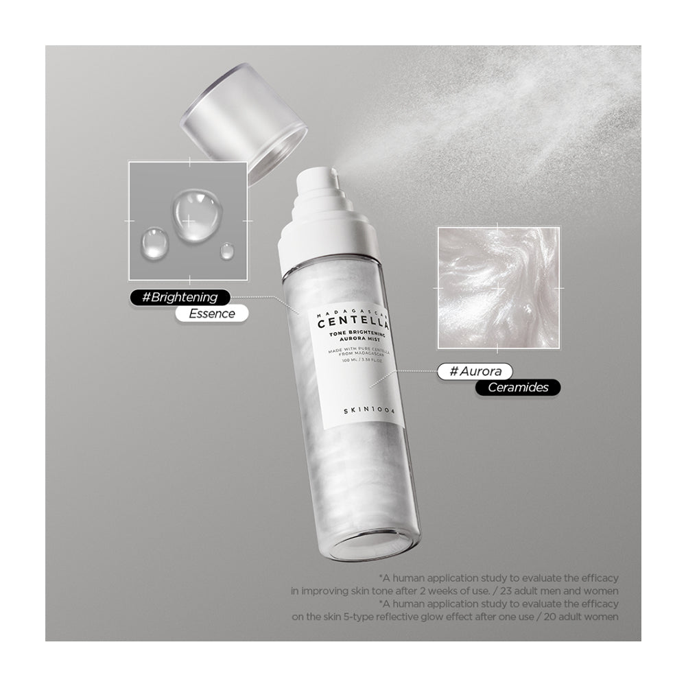 A clear cylindrical cosmetic bottle labeled 'CENTELLE' with a white cap, shown on a light gray background with floating droplets and texture swatches. Text includes '#Brightening Essence' and '#Aurora Ceramides'.