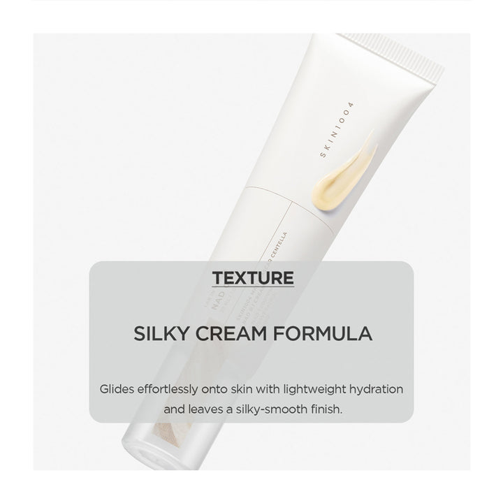 A white cosmetic cream tube shown diagonally on a light gray background with a translucent gray label overlay reading &