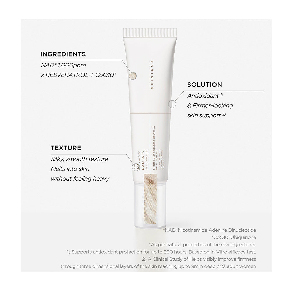 A white cosmetic tube labeled SKIN247 NAD+ PROXVITIN SOLUTION, shown on a light gray background with callout lines and text describing ingredients, texture, and solution benefits.