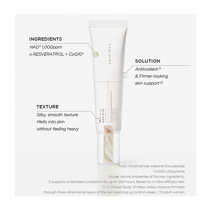 A white cosmetic tube labeled SKIN247 NAD+ PROXVITIN SOLUTION, shown on a light gray background with callout lines and text describing ingredients, texture, and solution benefits.