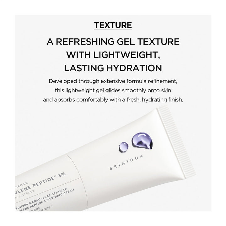 A white tube of SKIN1004 Algen Peptide 5% Gel Cream shown diagonally on a light gray background with descriptive text above highlighting its refreshing gel texture and lightweight hydration.
