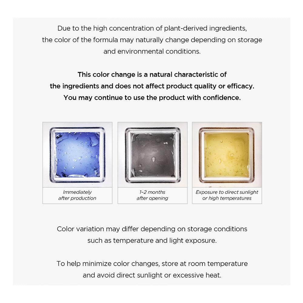 An informational graphic with text explaining that the color of a plant-derived formula may naturally change over time and with exposure to light, accompanied by three small photos of blue, gray, and yellow translucent blocks labeled with time and exposure conditions.